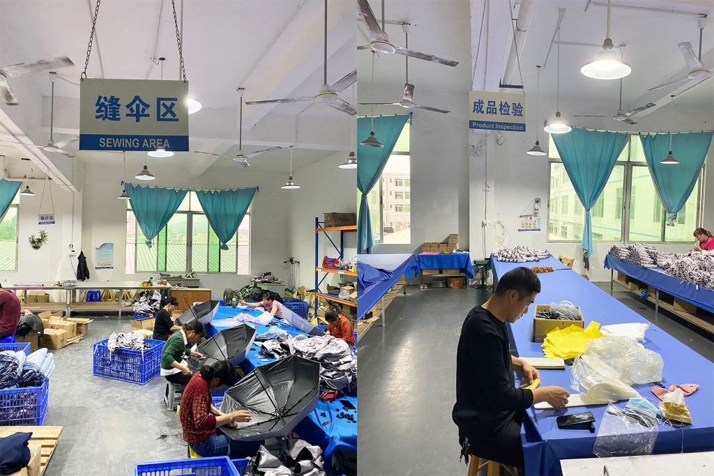 Umbrella sewing area with workers at blue tables, next to a product inspection area